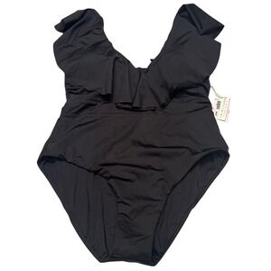 Trina Turk Womens Black Ruffle V-Neck Back Tie One Piece Swimsuit Sz 10 3231125